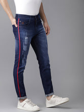 Load image into Gallery viewer, Men Blue Slim Fit Mid-Rise Dark Shaded Side Red Stripe Stitching Denim Jeans X3