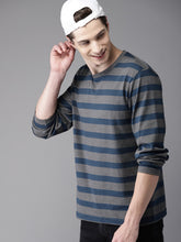 Load image into Gallery viewer, Men Charcoal Grey &amp; Teal Blue Striped Round Neck T-shirt