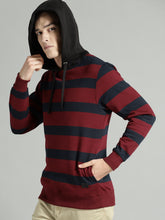 Load image into Gallery viewer, Men Maroon &amp; Navy Blue Striped Hooded Sweatshirt AA1