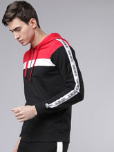 Load image into Gallery viewer, Men Red &amp; Black Colourblocked Hooded Sweatshirt AS