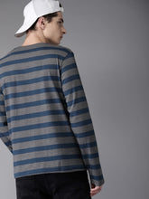 Load image into Gallery viewer, Men Charcoal Grey &amp; Teal Blue Striped Round Neck T-shirt