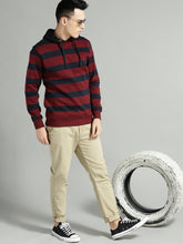 Load image into Gallery viewer, Men Maroon &amp; Navy Blue Striped Hooded Sweatshirt AA1