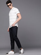 Load image into Gallery viewer, Men White &amp; Black Slim Fit Striped Polo Collar T-shirt 01