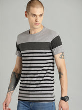 Load image into Gallery viewer, Men Grey Melange &amp; Black Striped Round Neck T-shirt