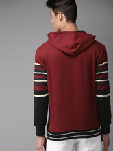 Load image into Gallery viewer, Men Black &amp; Maroon Striped Hooded Sweatshirt YT6