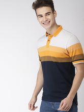 Load image into Gallery viewer, Men Navy Blue, Mustard Yellow &amp; White Colourblocked Polo Collar T-shirt